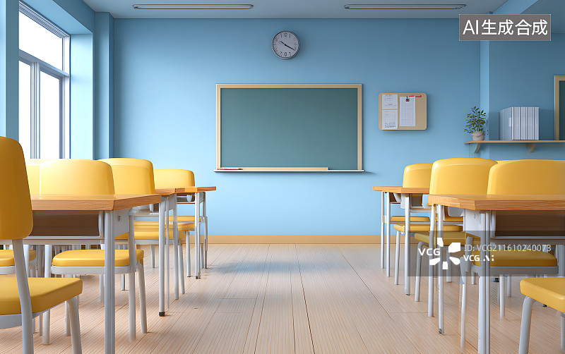【AI数字艺术】卡通教室里放着黑板和课桌图片素材