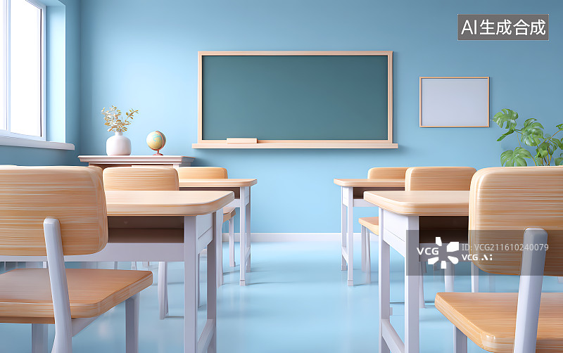 【AI数字艺术】卡通教室里放着黑板和课桌图片素材
