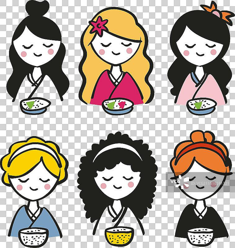 六个卡通女性享用各种米饭碗图片素材