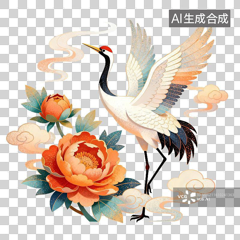 【AI数字艺术】仙鹤牡丹祥云插画图片素材