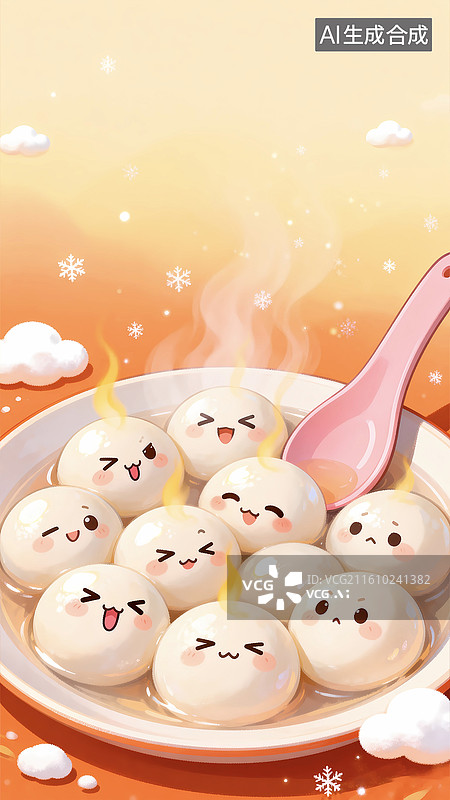【AI数字艺术】可爱一碗笑脸汤圆元宵节插画背景图片素材