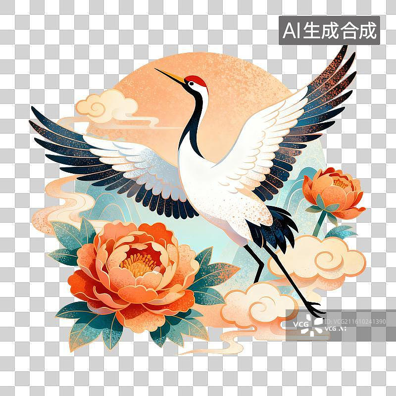 【AI数字艺术】仙鹤牡丹祥云插画图片素材