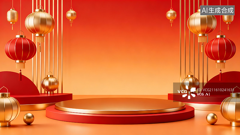 【AI数字艺术】橙色喜庆中式布置背景图：金色红色灯笼搭配圆形展示台 新年春节传统装饰空白展台素材图片素材
