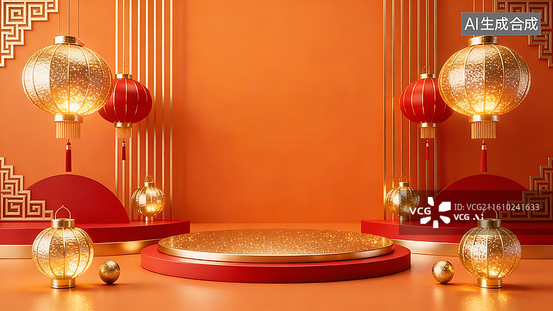 【AI数字艺术】橙色喜庆中式布置背景图：金色红色灯笼搭配圆形展示台 新年春节传统装饰空白展台素材图片素材