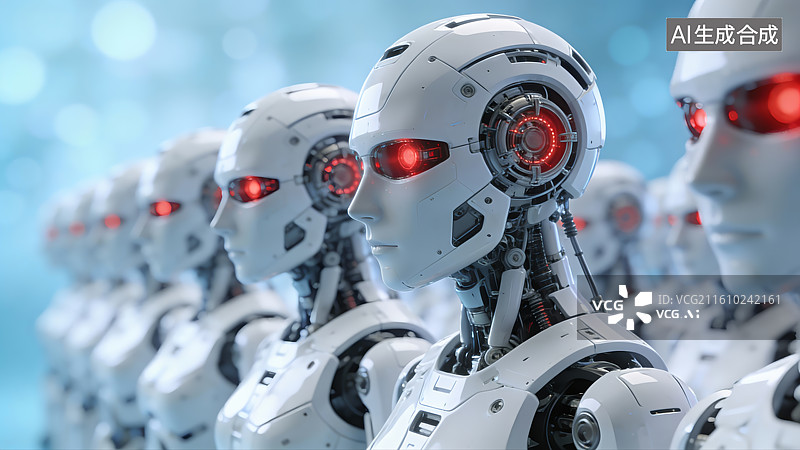 【AI数字艺术】一排白色机器人列队站立图片素材