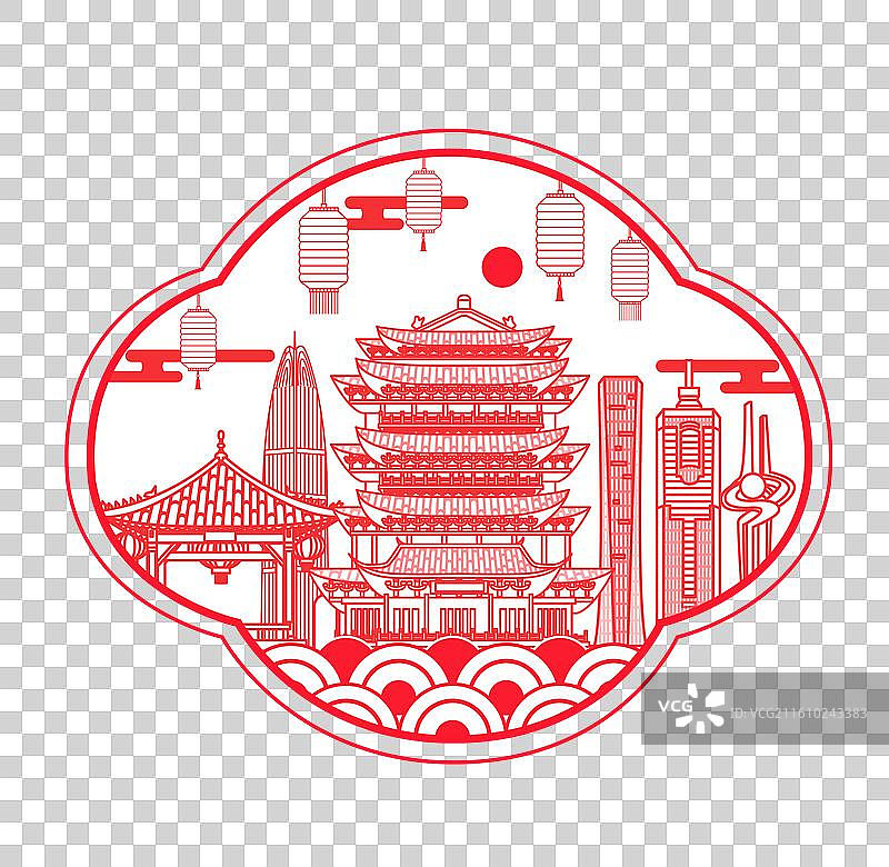 济南红色传统工艺刻纸剪纸文化新年灯笼城市图片素材