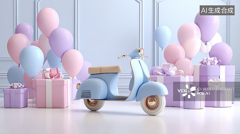 【AI数字艺术】粉嫩摩托与生日礼物图片素材