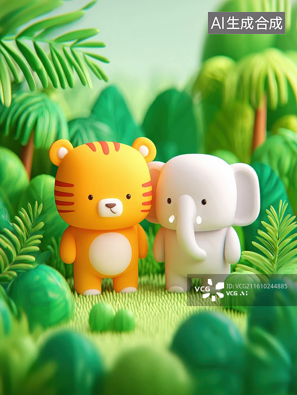 【AI数字艺术】丛林中的卡通老虎和象图片素材