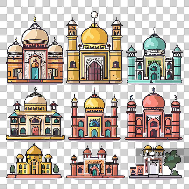 一组色彩鲜艳的清真寺描绘图片素材