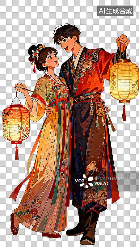 【AI数字艺术】穿着传统服饰提着灯笼的情侣 新年元宵节插画系列图片素材
