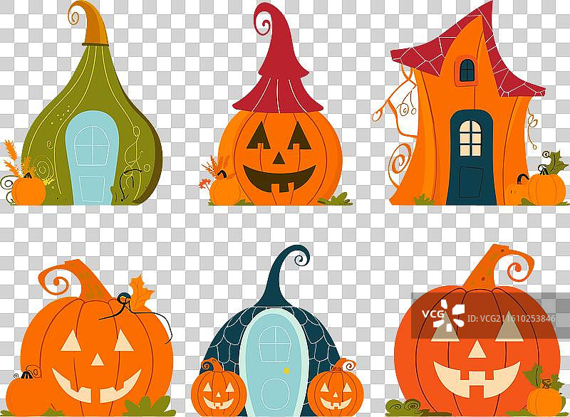 六栋万圣节主题的房屋，南瓜，欢快图片素材