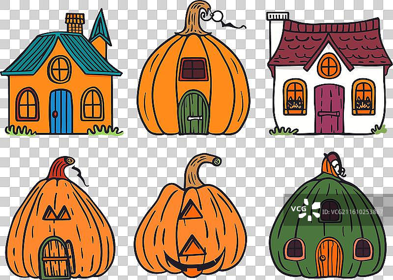 三栋异想天开的卡通风格房屋，其中一栋图片素材