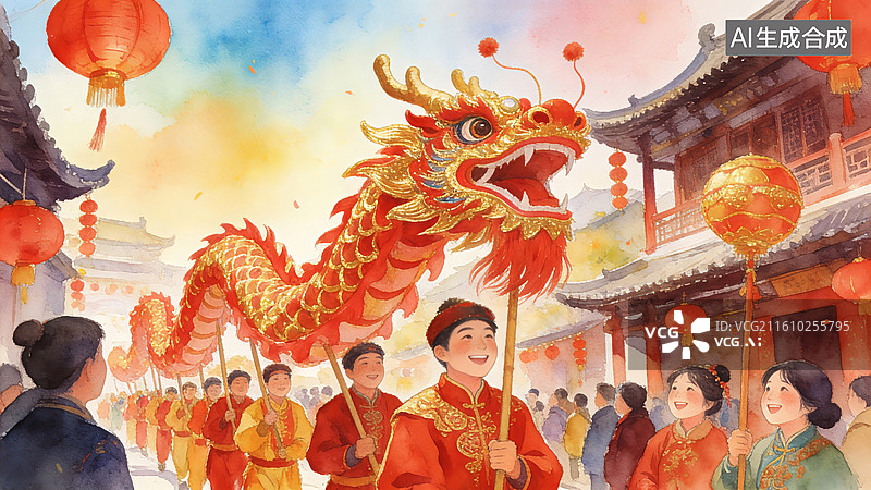 【AI数字艺术】舞龙队伍在节日庆典中穿过街道，周围挂满红灯笼，人们欢庆热闹非凡图片素材