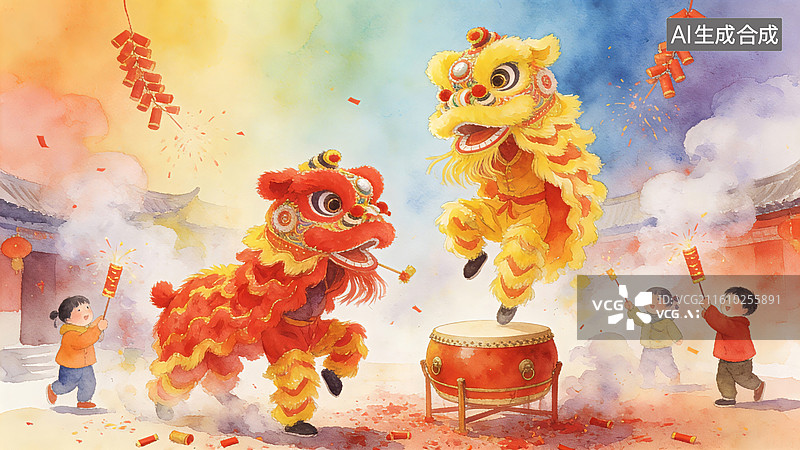 【AI数字艺术】舞狮表演热闹非凡，孩子们手持鞭炮欢庆节日氛围浓厚图片素材