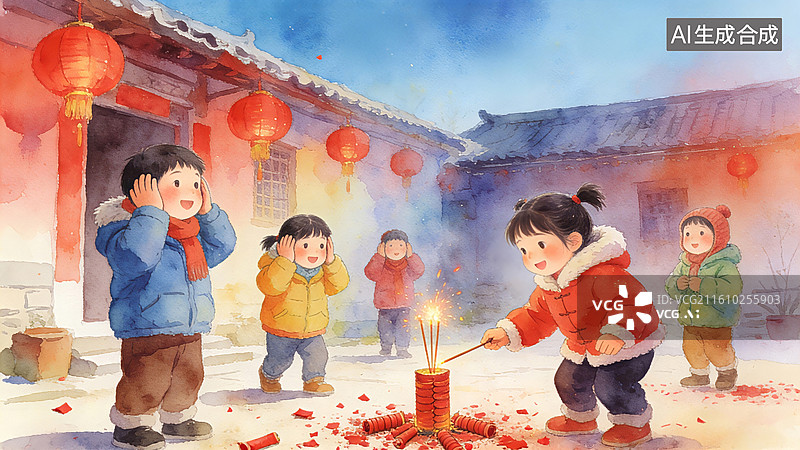 【AI数字艺术】孩子们在雪地里放鞭炮，红灯笼高挂，充满节日气氛图片素材