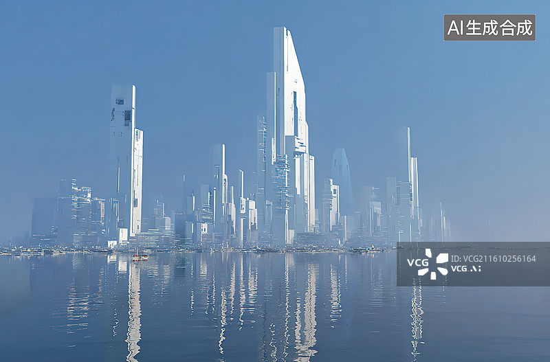 【AI数字艺术】未来城市水边高楼倒影图片素材