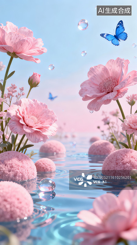 【AI数字艺术】粉花蓝蝶清新水景装饰场景图片素材