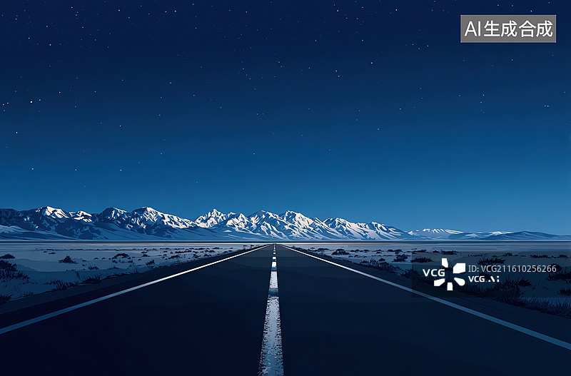【AI数字艺术】星空下的雪山公路图片素材