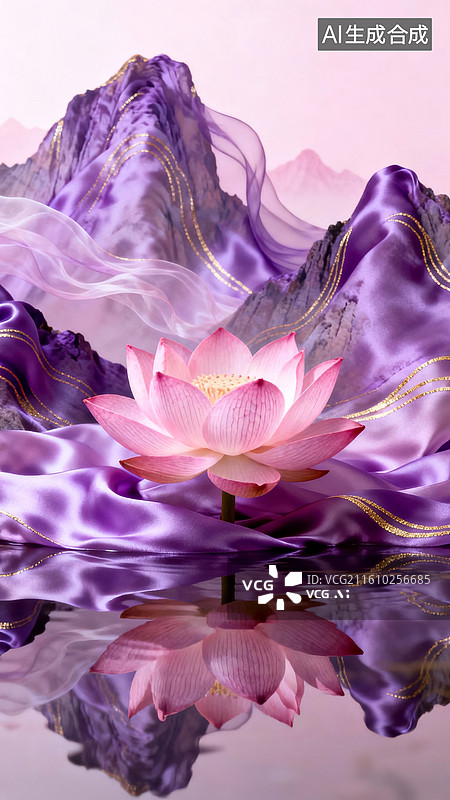 【AI数字艺术】粉荷紫调雅致山水装饰场景图片素材