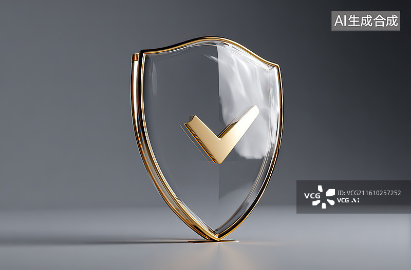 【AI数字艺术】透明盾牌上的金色对勾图片素材