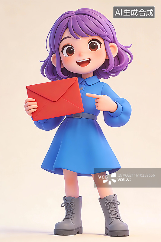 【AI数字艺术】3D卡通紫色短发女孩手持红色信封插画图片素材