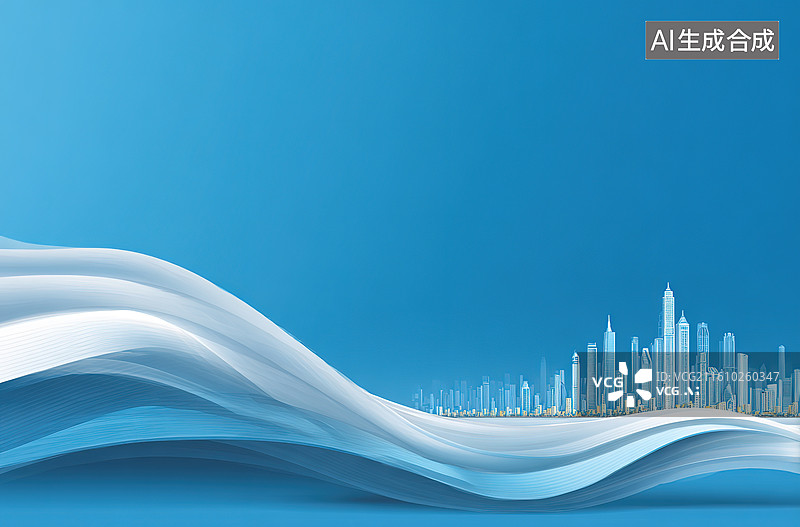 【AI数字艺术】蓝色波浪与城市剪影图片素材