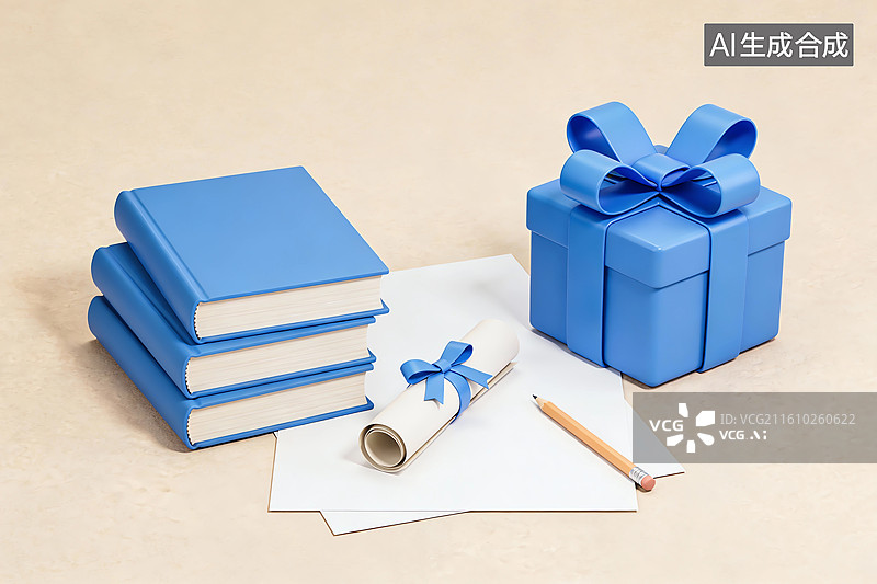 【AI数字艺术】蓝色书籍与礼物盒教育概念3D插画图片素材