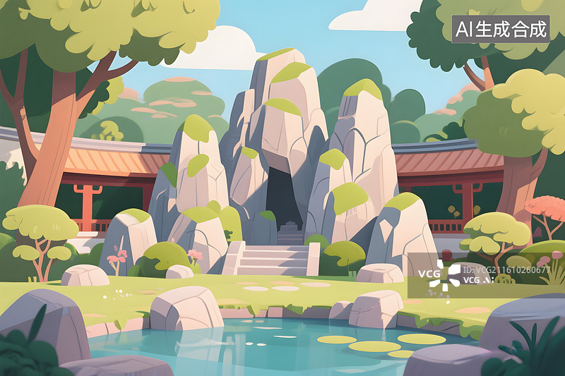 【AI数字艺术】卡通园林假山喷泉图片素材