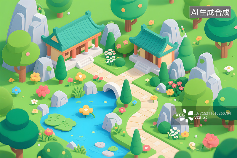 【AI数字艺术】卡通园林假山喷泉图片素材