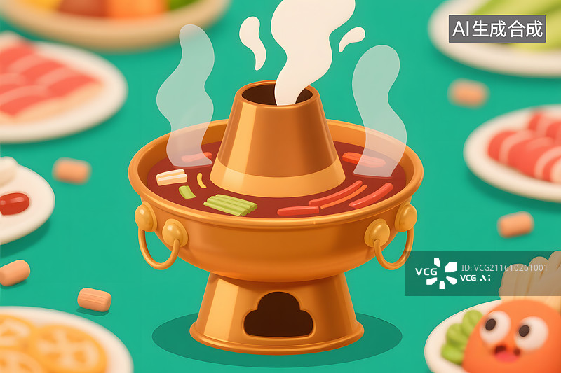 【AI数字艺术】卡通铜火锅热气腾腾图片素材