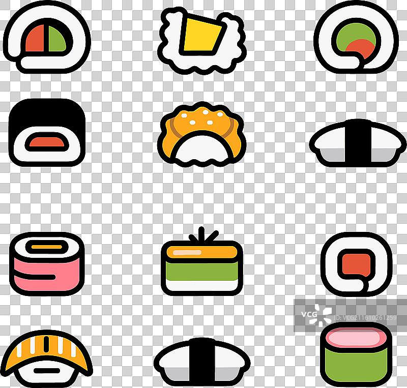 一套色彩鲜艳的寿司刺身图标，风格统一图片素材