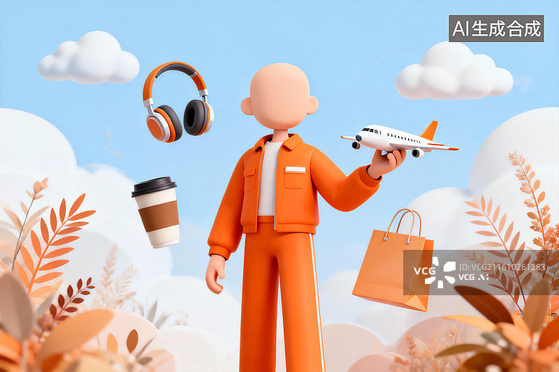 【AI数字艺术】手持飞机的可爱男孩生活出行概念3D卡通插画图片素材