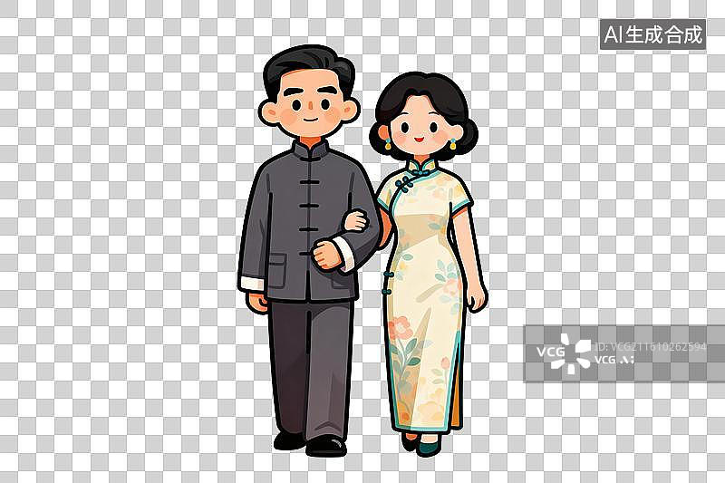 【AI数字艺术】卡通风格，一对手挽着手的夫妻PNG格式的免扣元素图片素材