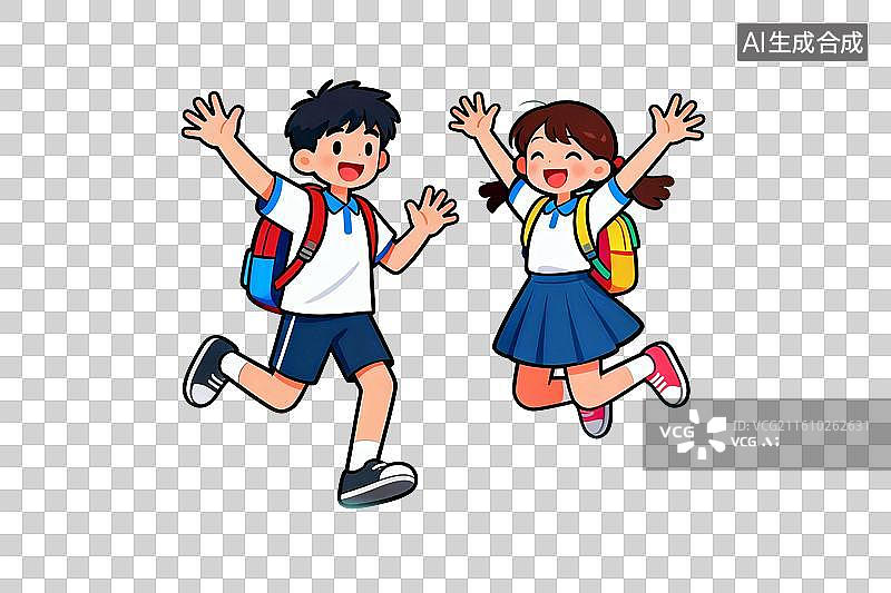 【AI数字艺术】卡通风格，背着书包的小学生，开开心心去上学PNG格式的免扣元素图片素材