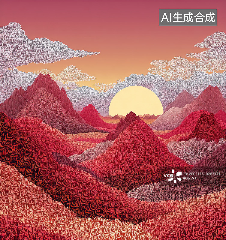 【AI数字艺术】红色山脉日落景观图片素材
