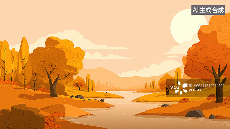 【AI数字艺术】秋日河畔风景图片素材