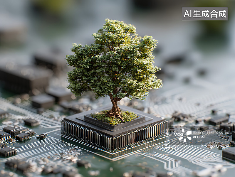 【AI数字艺术】芯片上的微型绿树图片素材