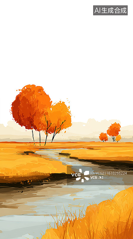 【AI数字艺术】秋日溪流与金黄树林图片素材