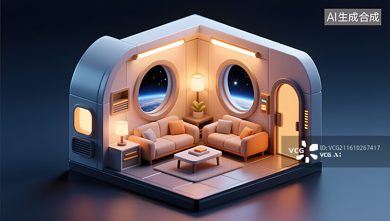 【AI数字艺术】太空居住舱剖面舒适内饰展示图片素材