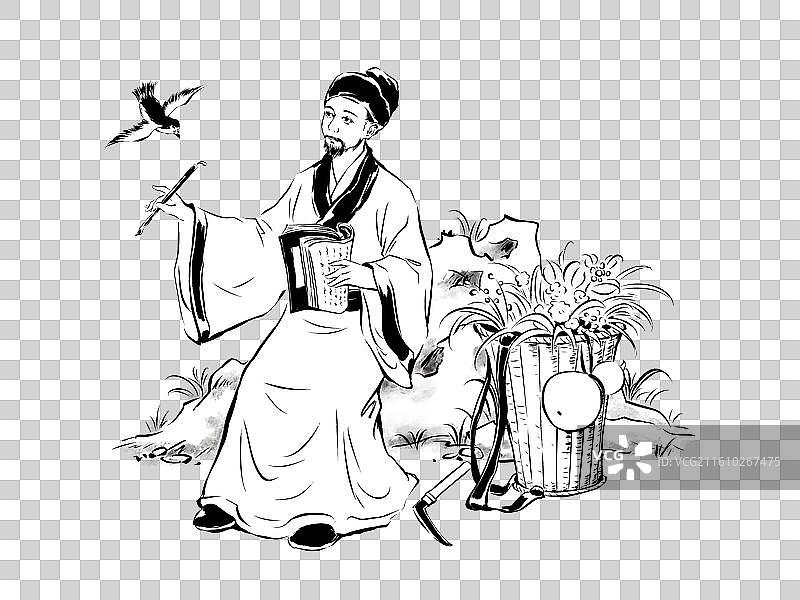 古代名医李时珍采药撰写医书水墨风手绘线稿免抠元素图片素材