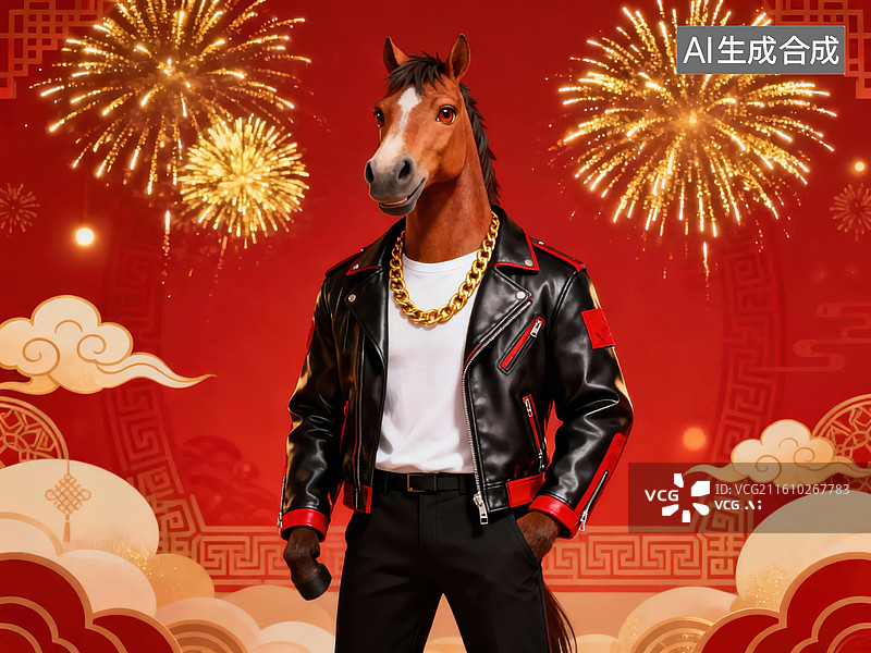 【AI数字艺术】马头人身人物穿皮衣庆祝节日图片素材