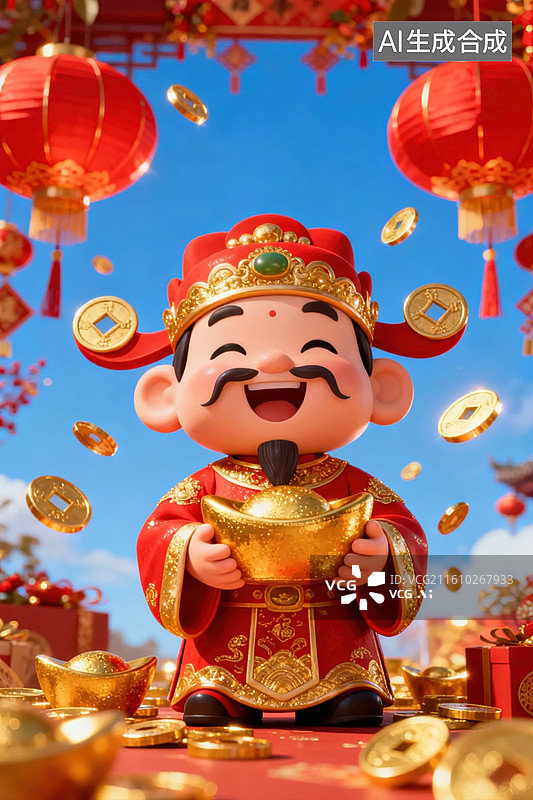 【AI数字艺术】财神爷手持金元宝喜迎新春图片素材