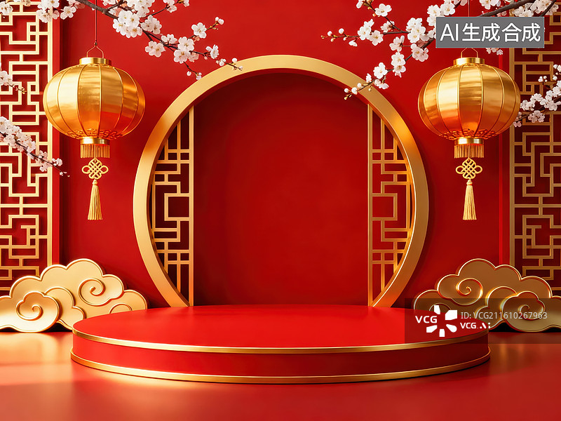 【AI数字艺术】红色中式节日舞台背景图片素材