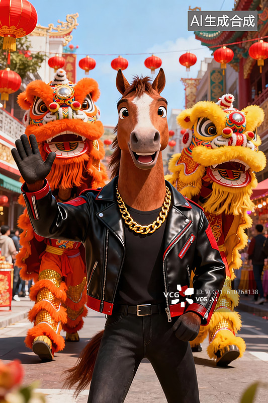 【AI数字艺术】马形角色在舞狮节庆中挥手图片素材