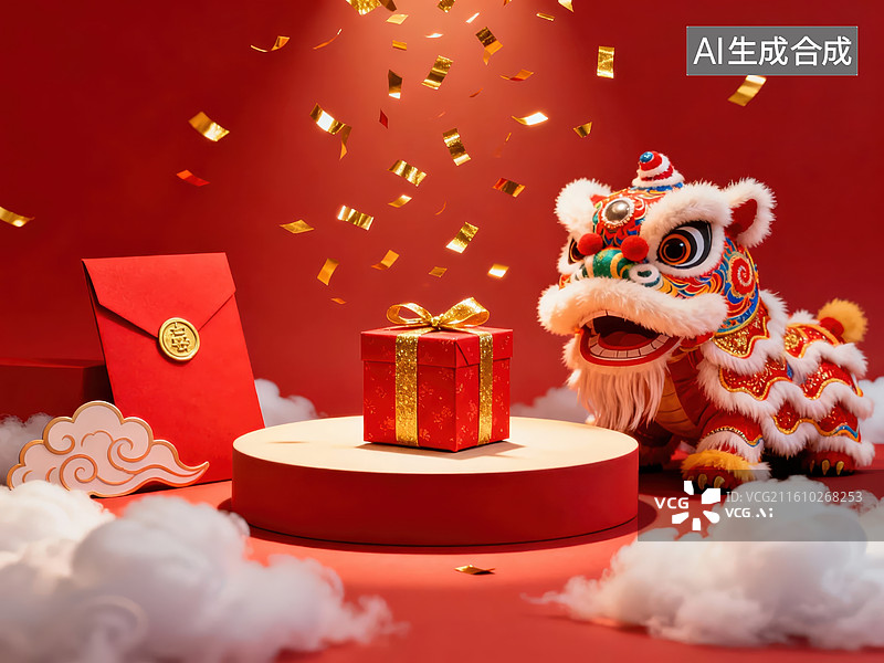 【AI数字艺术】春节舞狮与红包礼盒图片素材