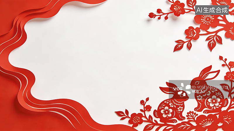 【AI数字艺术】红色剪纸风格兔子与花卉图案图片素材