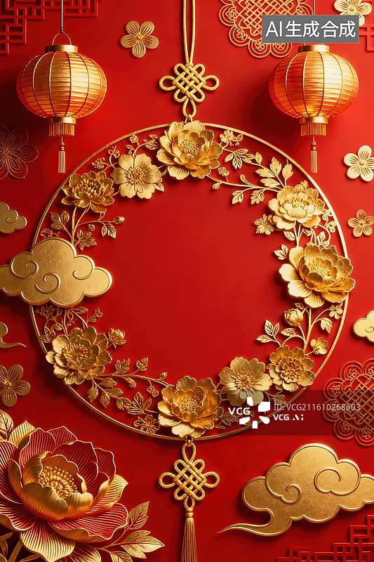 【AI数字艺术】红色背景上的金色花卉装饰图片素材