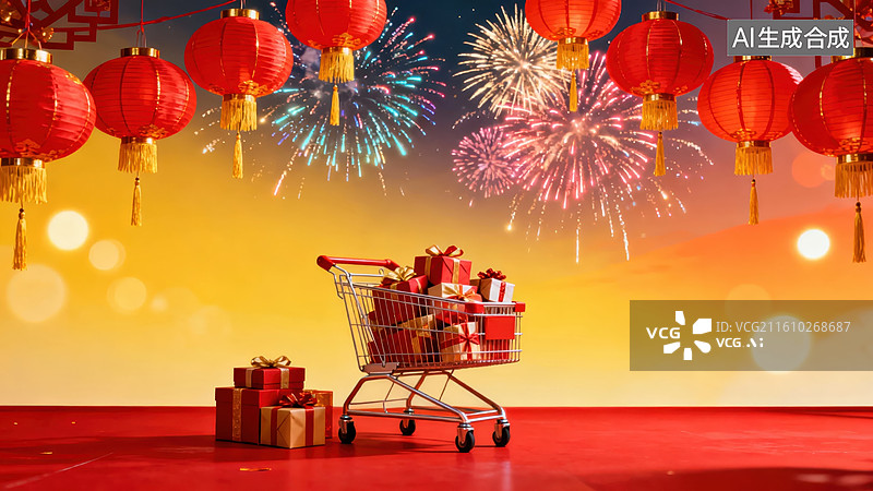 【AI数字艺术】春节购物车与烟花灯饰图片素材