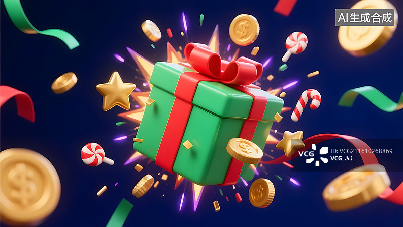 【AI数字艺术】圣诞礼物盒爆开释放奇妙惊喜图片素材