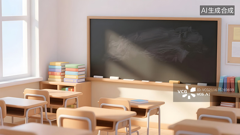 【AI数字艺术】阳光洒落的教室角落呈现明亮温馨氛围图片素材